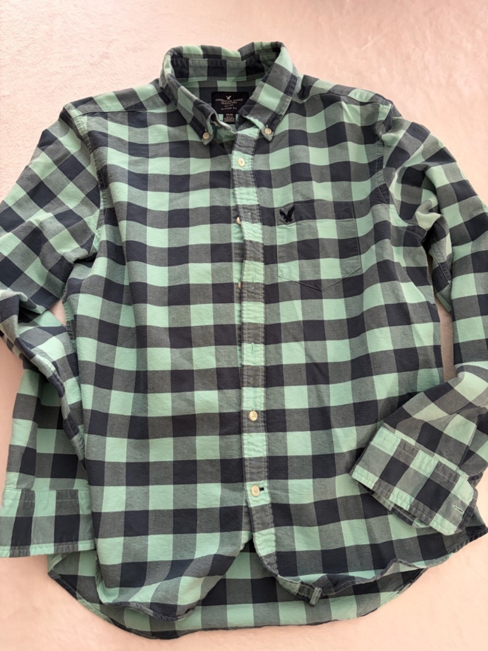 American Eagle Outfitters Mint Green and Black Buffalo Plaid Button-Down Shirt